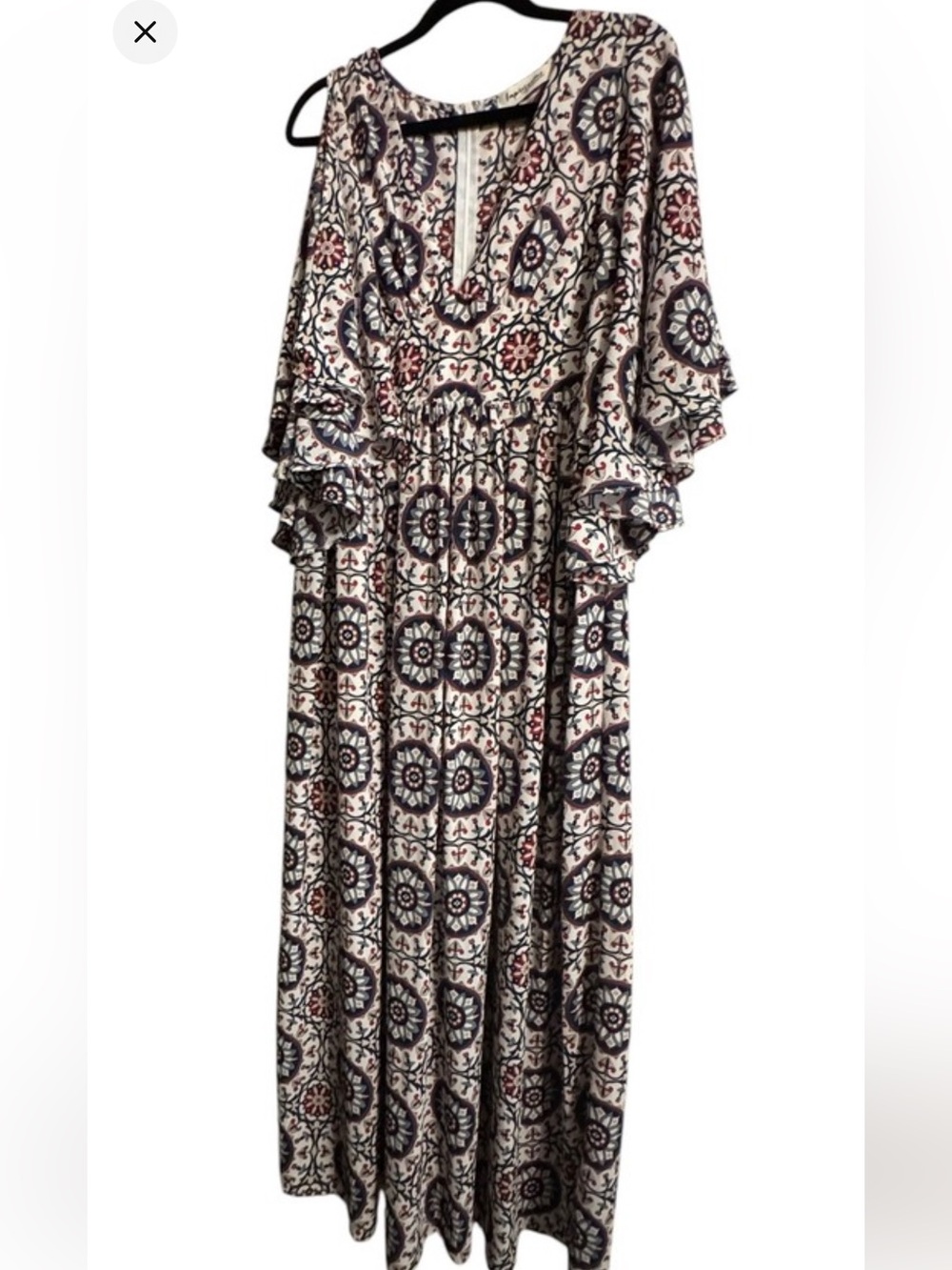 Impressions Medallion Print Maxi Dress Blue Red Ruffle Bell Sleeve Large Boho - Picture 1 of 12